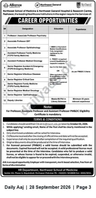 Newspaper clipping: Northwest School of Medicine & Northwest General Hospital Peshawar — Faculty and Senior Medical Staff Vacancies, Daily Aaj, 28 Sep 2026