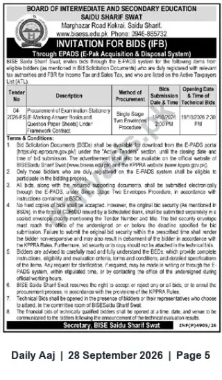 Newspaper clipping: BISSE Saidu Sharif Invitation for Bids – Procurement of Examination Stationery (Answer Books & Question Papers), Daily Aaj, 28 Sep 2026