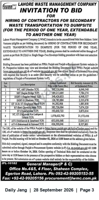 Newspaper clipping: LWMC Invitation to Bid — Hiring Contractors for Secondary Waste Transportation (Lahore), Jang, 28 Sep 2026