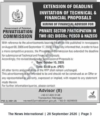 Newspaper clipping: Privatisation Commission — Extended Deadline for Financial Advisor RFP for PESCO & HAZECO (2026-10-15), The News International, 28 Sep 2026
