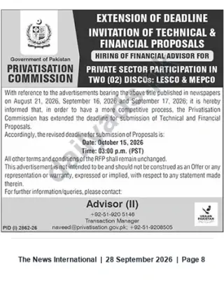 Newspaper clipping: Privatisation Commission extends RFP deadline for Financial Advisor — LESCO & MEPCO, The News International, 28 Sep 2026