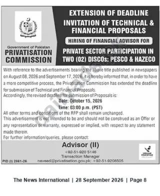 Newspaper clipping: Privatisation Commission extends RFP deadline for Financial Advisor — PESCO & HAZECO, The News International, 28 Sep 2026