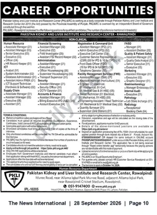 Newspaper clipping: PKLI&RC Rawalpindi — Multiple Non‑Clinical and Clinical Job Vacancies, The News International, 28 Sep 2026
