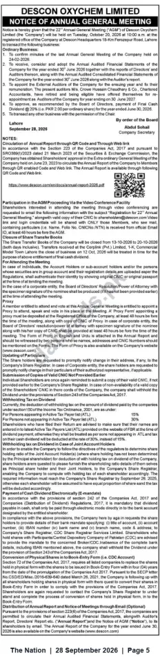 Newspaper clipping: Descon Oxychem Limited — Notice of 22nd Annual General Meeting (20 Oct 2026), The Nation, 28 Sep 2026