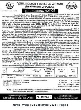 Newspaper clipping: Punjab C&W Department e-Tender: Addition/Alteration to Punjab House Karachi, Nawa-i-Waqt, 28 Sep 2026