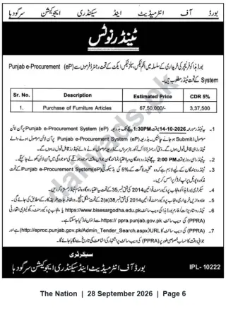 Newspaper clipping: Tender for Purchase of Furniture — Board of Intermediate & Secondary Education Sargodha, The Nation, 28 Sep 2026
