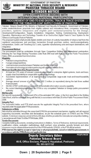 Newspaper clipping: Pakistan Tobacco Board E‑Tender for End-to-End Digital Track & Trace System for Tobacco Leaf Supply Chain, Dawn, 28 Sep 2026