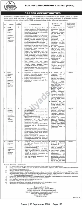 Newspaper clipping: Punjab Grid Company Limited (PGCL) Careers — CEO, CFO, GM (Technical) & Company Secretary, Dawn, 28 Sep 2026