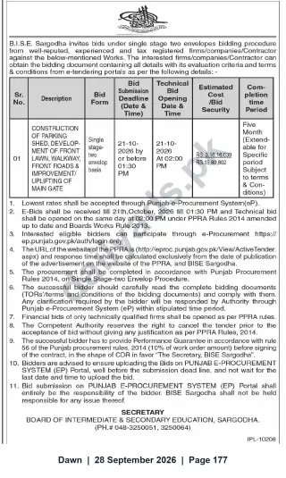 Newspaper clipping: BISE Sargodha Tender: Construction of Parking Shed, Front Lawn, Walkway, Front Roads & Main Gate (Bid Deadline 2026-10-21), Dawn, 28 Sep 2026
