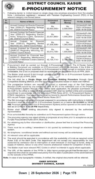 Newspaper clipping: District Council Kasur E-Procurement Notice – Annual Contracts for FY 2026-27, Dawn, 28 Sep 2026