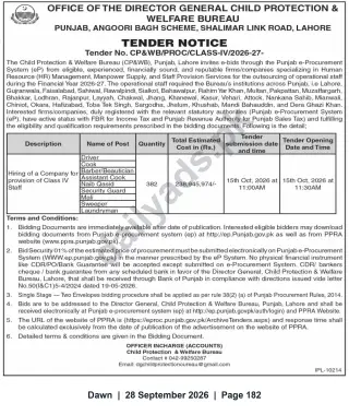 Newspaper clipping: Tender: Outsourcing Class‑IV Staff (382 Positions) — Child Protection & Welfare Bureau, Punjab (Lahore), Dawn, 28 Sep 2026