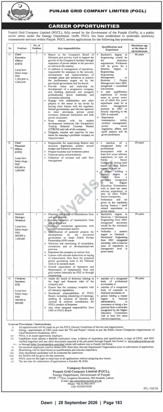 Newspaper clipping: Punjab Grid Company Limited (PGCL) Careers 2026 — CEO, CFO, GM (Technical) & Company Secretary, Dawn, 28 Sep 2026