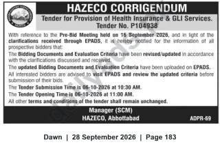Newspaper clipping: HAZECO Corrigendum – Tender for Health Insurance & GLI Services (Tender No. P104938), Dawn, 28 Sep 2026