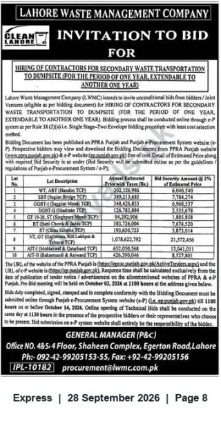 Newspaper clipping: LWMC Invitation to Bid – Hiring Contractors for Secondary Waste Transportation to Dumpsites (One Year + Extension) - Lahore, Express, 28 Sep 2026