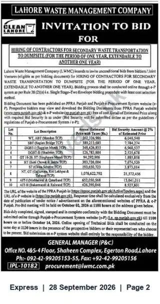 Newspaper clipping: LWMC Invitation to Bid — Secondary Waste Transportation to Dumpsite (10 Lots), Express, 28 Sep 2026
