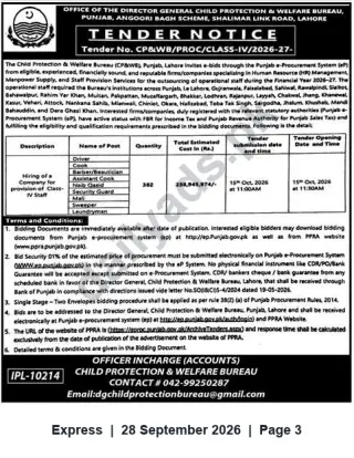 Newspaper clipping: Tender: Hiring Company to Provide Class‑IV Staff (382) — Child Protection & Welfare Bureau, Punjab, Express, 28 Sep 2026