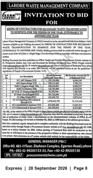Newspaper clipping: LWMC Invitation to Bid: Hiring Contractors for Secondary Waste Transportation (1-year, extendable), Express, 28 Sep 2026