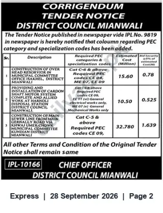 Newspaper clipping: Corrigendum: District Council Mianwali Tender — PEC Categories/Specialization Codes Added, Express, 28 Sep 2026