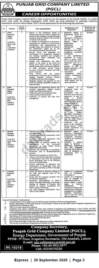 Newspaper clipping: Punjab Grid Company Limited (PGCL) — Senior Executive Vacancies: CEO, CFO, GM Technical, Company Secretary, Express, 28 Sep 2026