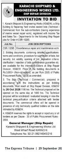 Newspaper clipping: KS&EW Ship Repair Division Invitation to Bid — CSR-10295 Miscellaneous Repair & Maintenance, The Express Tribune, 29 Sep 2026