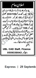 Newspaper clipping: Public Announcement — UBL CAD Finance Contact, Express, 29 Sep 2026