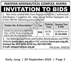 Newspaper clipping: PAC Kamra Tender: Procurement of POL Products (AeroLubs) — PAC8/721/281025033/0841/P-3, Jang, 29 Sep 2026