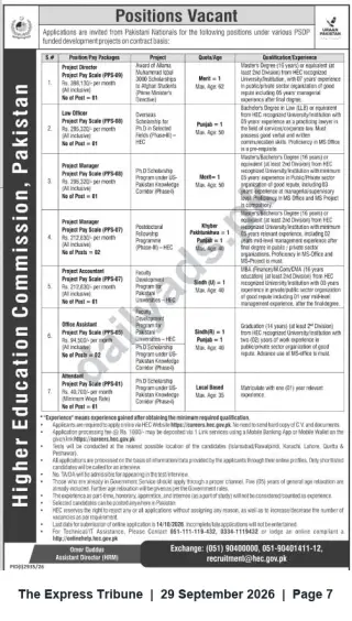 Newspaper clipping: Higher Education Commission Pakistan — Project-Based Vacancies for Scholarship & Fellowship Projects, The Express Tribune, 29 Sep 2026