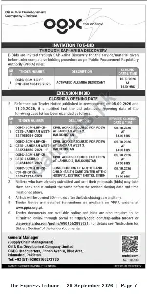 Newspaper clipping: OGDCL Invitation to E‑Bid for Activated Alumina Desiccant; Several Civil Works Tenders — Closing Dates Extended, The Express Tribune, 29 Sep 2026
