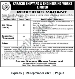 Newspaper clipping: Karachi Shipyard & Engineering Works Ltd — Contract Vacancies: AM (Time Office), Supervisor (Transport), Drivers, Express, 29 Sep 2026