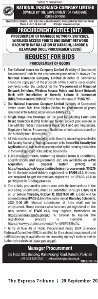 Newspaper clipping: Tender: Procurement of Managed Network Switches, Wireless Access Points and Smart Network Rack (NICL/PROCUREMENT/2026), The Express Tribune, 29 Sep 2026