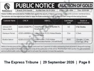 Newspaper clipping: Mobilink Bank DHA Karachi Gold Auction — 30 September 2026, The Express Tribune, 29 Sep 2026