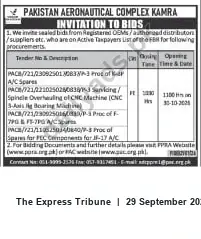 Newspaper clipping: Pakistan Aeronautical Complex Kamra Invitation to Bids — A/C Spares & CNC Overhaul, The Express Tribune, 29 Sep 2026