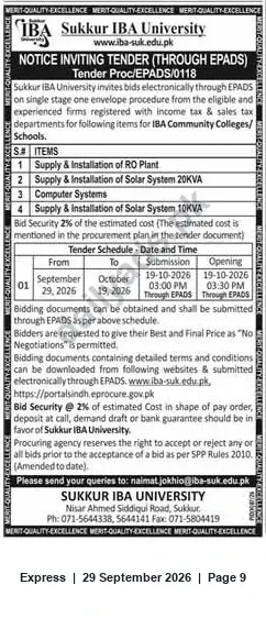 Newspaper clipping: IBA Sukkur Tender Proc/EPADS/0118 — RO Plant, Solar Systems & Computer Systems, Express, 29 Sep 2026
