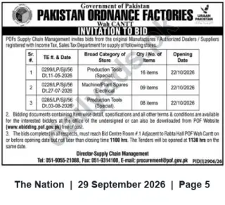 Newspaper clipping: Pakistan Ordnance Factories (Wah Cantt) Invitation to Bid — Production Tools & Electrical Plant Spares (22 Oct 2026), The Nation, 29 Sep 2026