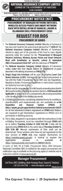 Newspaper clipping: Tender: Procurement of Managed Network Switches, Wireless Access Points & Smart Network Racks – National Insurance Company Limited, The Express Tribune, 29 Sep 2026