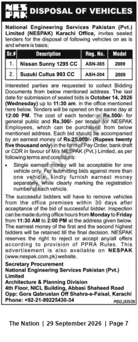 Newspaper clipping: NESPAK Karachi — Sealed Tender Sale of Two Vehicles (2009 Nissan Sunny & 2009 Suzuki Cultus), The Nation, 29 Sep 2026