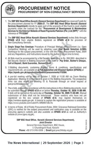 Newspaper clipping: SBP BSC Karachi Tender for Development & Maintenance of External Website and Payment Platform (Ref: P115384), The News International, 29 Sep 2026