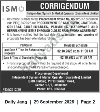 Newspaper clipping: ISMO Corrigendum: Submission Deadline Extended for Stationery, Janitorial & Consumables Procurement — 2026-10-02, Jang, 29 Sep 2026