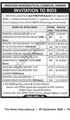 Newspaper clipping: PAC Kamra Tender Notice — Up-gradation, Repair and Calibration Contracts (Oct–Nov 2026), The News International, 29 Sep 2026