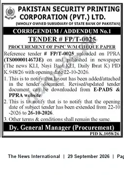 Newspaper clipping: Corrigendum: Tender FP/T-0025 — Procurement of PSPC WAMI Cheque Paper, The News International, 29 Sep 2026