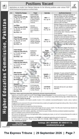 Newspaper clipping: Higher Education Commission Pakistan — Contract Vacancies: Project Director, Managers, Law Officer, Accountant, Office Assistants, Attendant, The Express Tribune, 29 Sep 2026