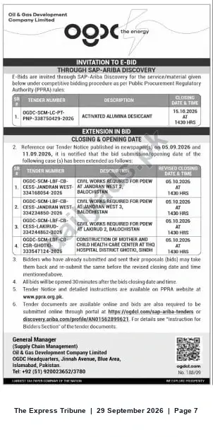 Newspaper clipping: OGDCL e‑Bid Invitation – Activated Alumina Desiccant (Closing 2026-10-15), The Express Tribune, 29 Sep 2026