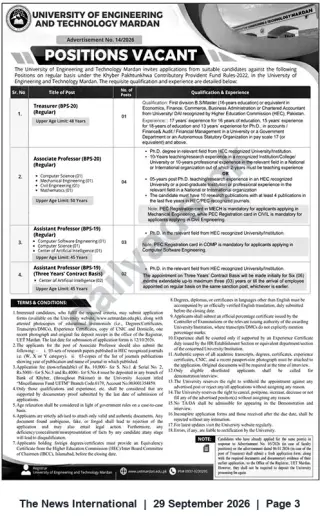 Newspaper clipping: UET Mardan Careers — Treasurer, Associate Professors and Assistant Professors (Advt. No. 14/2026), The News International, 29 Sep 2026