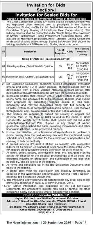 Newspaper clipping: Auction: Sealed Bids for Exportable Trophy Hunting Permits — Himalayan Ibex (Chitral), The News International, 29 Sep 2026