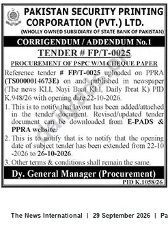 Newspaper clipping: PSPC Tender FP/T-0025 — Procurement of PSPC WAMI Cheque Paper; Opening Extended to 2026-10-26, The News International, 29 Sep 2026