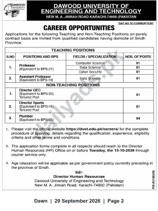 Newspaper clipping: Dawood University Careers — Teaching & Non‑Teaching Posts (Apply by 2026-10-13), Dawn, 29 Sep 2026