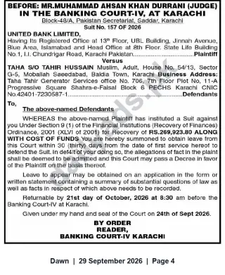 Newspaper clipping: Banking Court-IV Karachi Summons: United Bank Limited v. Taha — Recovery Suit No. 157/2026, Dawn, 29 Sep 2026
