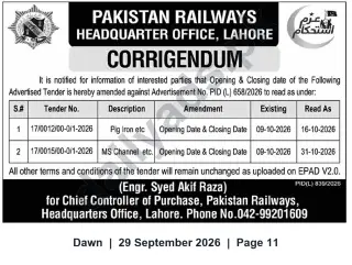 Newspaper clipping: Pakistan Railways Corrigendum: Revised Opening & Closing Dates for Tenders (Oct 2026), Dawn, 29 Sep 2026