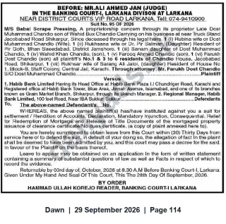 Newspaper clipping: Banking Court‑I Larkana — Suit No. 95 of 2026: Plaintiffs vs. Habib Bank Limited — Summons to Defendants, Dawn, 29 Sep 2026