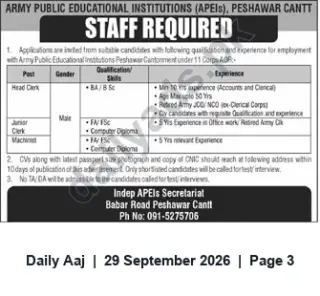 Newspaper clipping: APEIs Peshawar Cantt Hiring: Head Clerk, Junior Clerk, Machinist, Daily Aaj, 29 Sep 2026